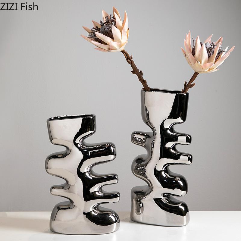 MinMinimalist Striped Design Ceramic Vase Plant Pots Table Decoration Ornaments Flower Arrangement Vase Room Aesthetic Decor