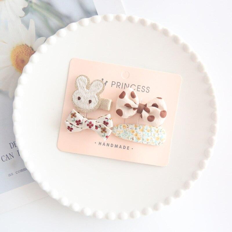 4pcs Toddler Girl Hair Clip Retro European Style Milk Tea Color Bow Floral Kids Hairpin Lovely Bang Side Clip Hair Accessories