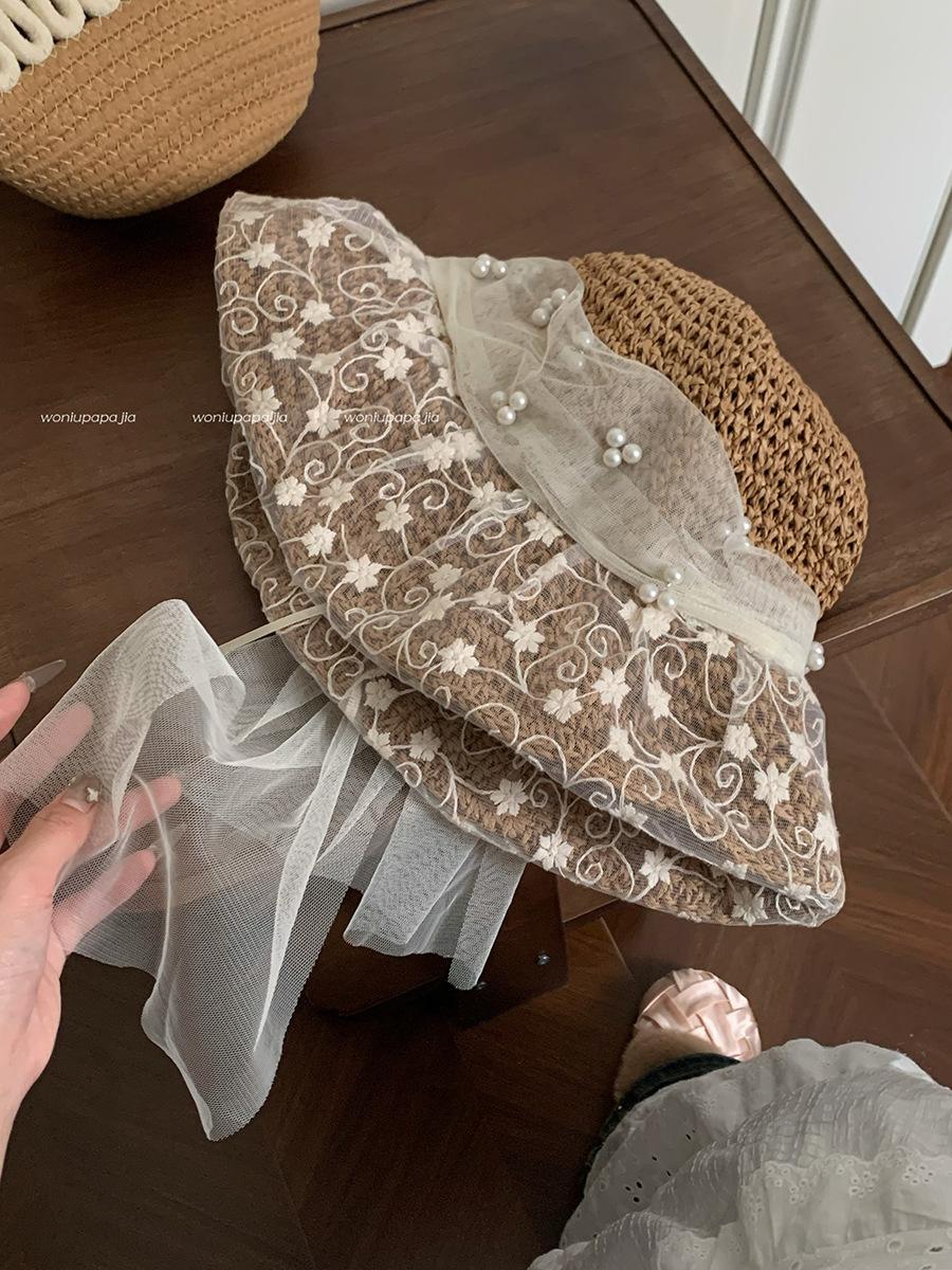 

Lace Flower Sun Hat for Women | Summer Beach Hat with Bow and Pearl Trim | Vacation Sun Protection хаки