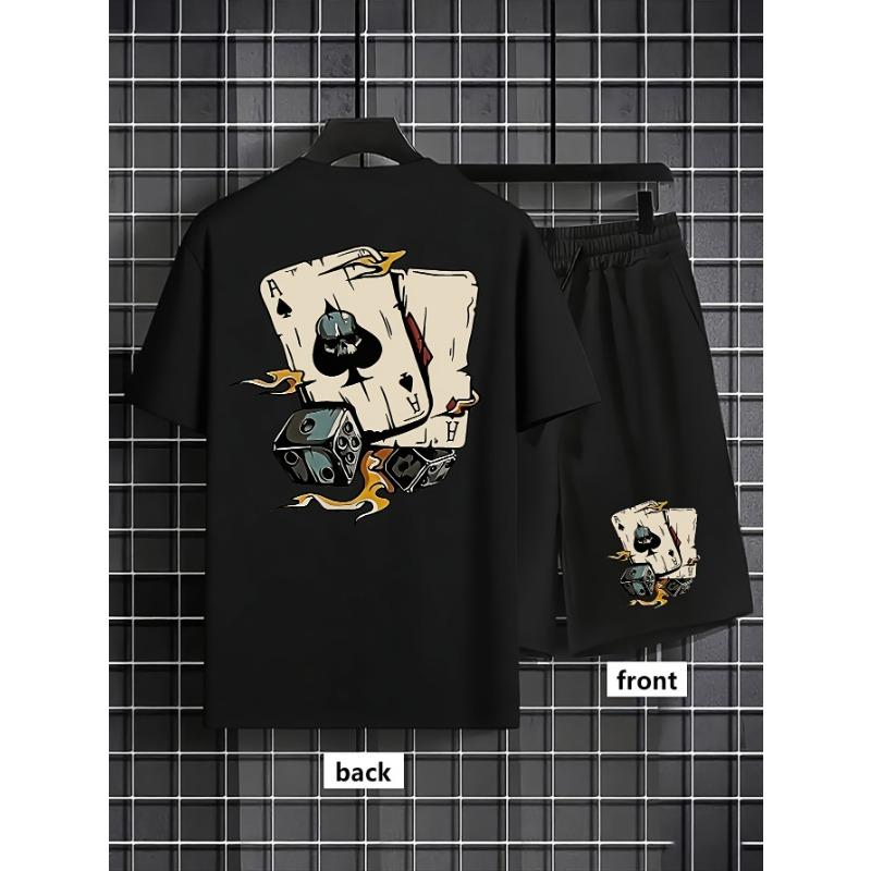 American men's summer fashion poker graffiti print comfortable breathable round neck T-shirt shorts set outdoor streetwear