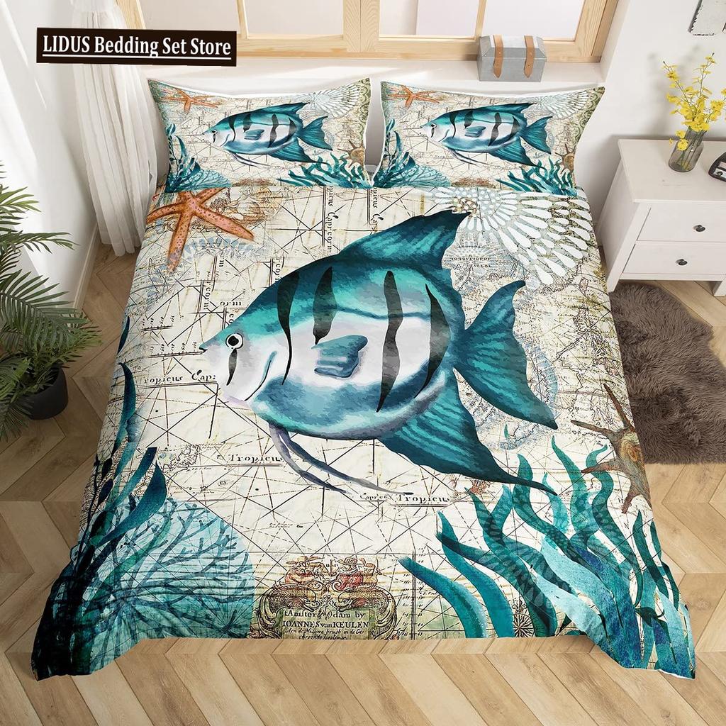 Fisch Bettbezug Set Ozean Bettwäsche Sets 3D Gedruckte Unterwasserwelt Mit Hai Delfin Korallenriff Muster Bettdeckenbezug Set 2/3tlg