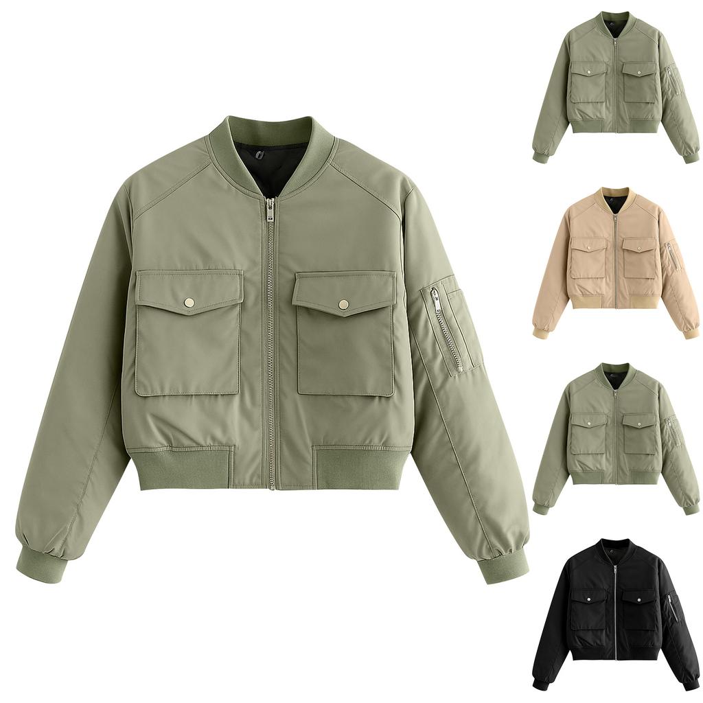 Ladies' Solid Color Fashionable Large Pocket Long Sleeved Zipper Casual Top  Jacket Jacket