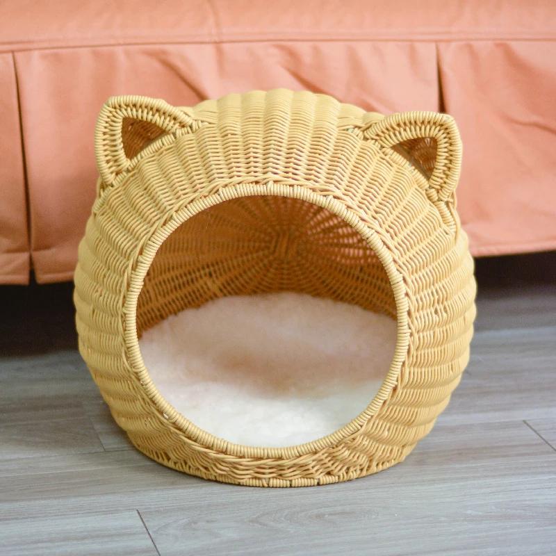 Natural Cattail Kennel for Cats Handmade Weaving Semi-Enclosed Pet House Cool and Breathable Cat Cage Pet Nest