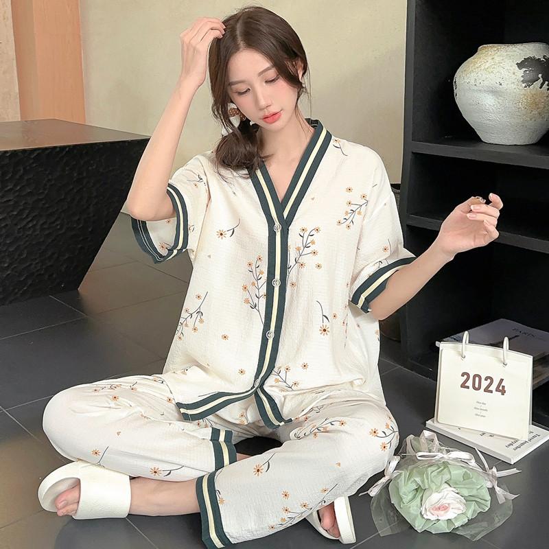 Summer short-sleeved bubble cotton yarn pleated pajamas female Internet celebrities popular trousers loungewear set