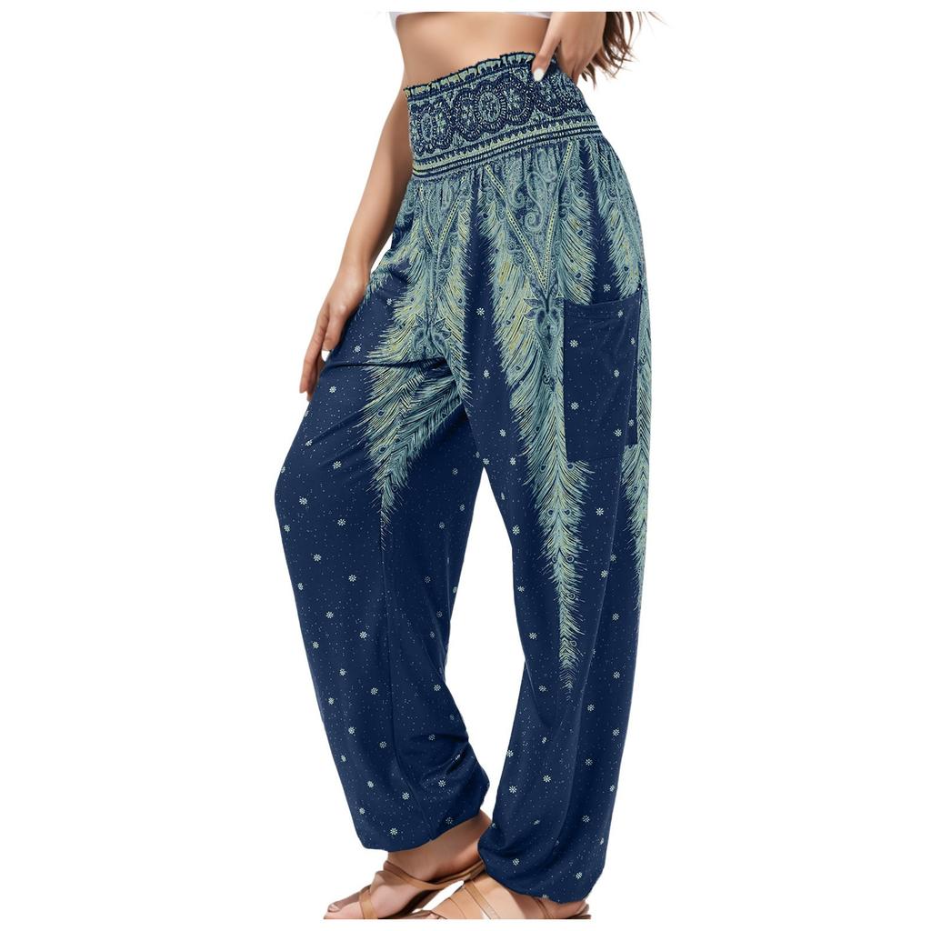 Women's Casual Flare Pants with Striped Digital Print – Trendy Boho Style