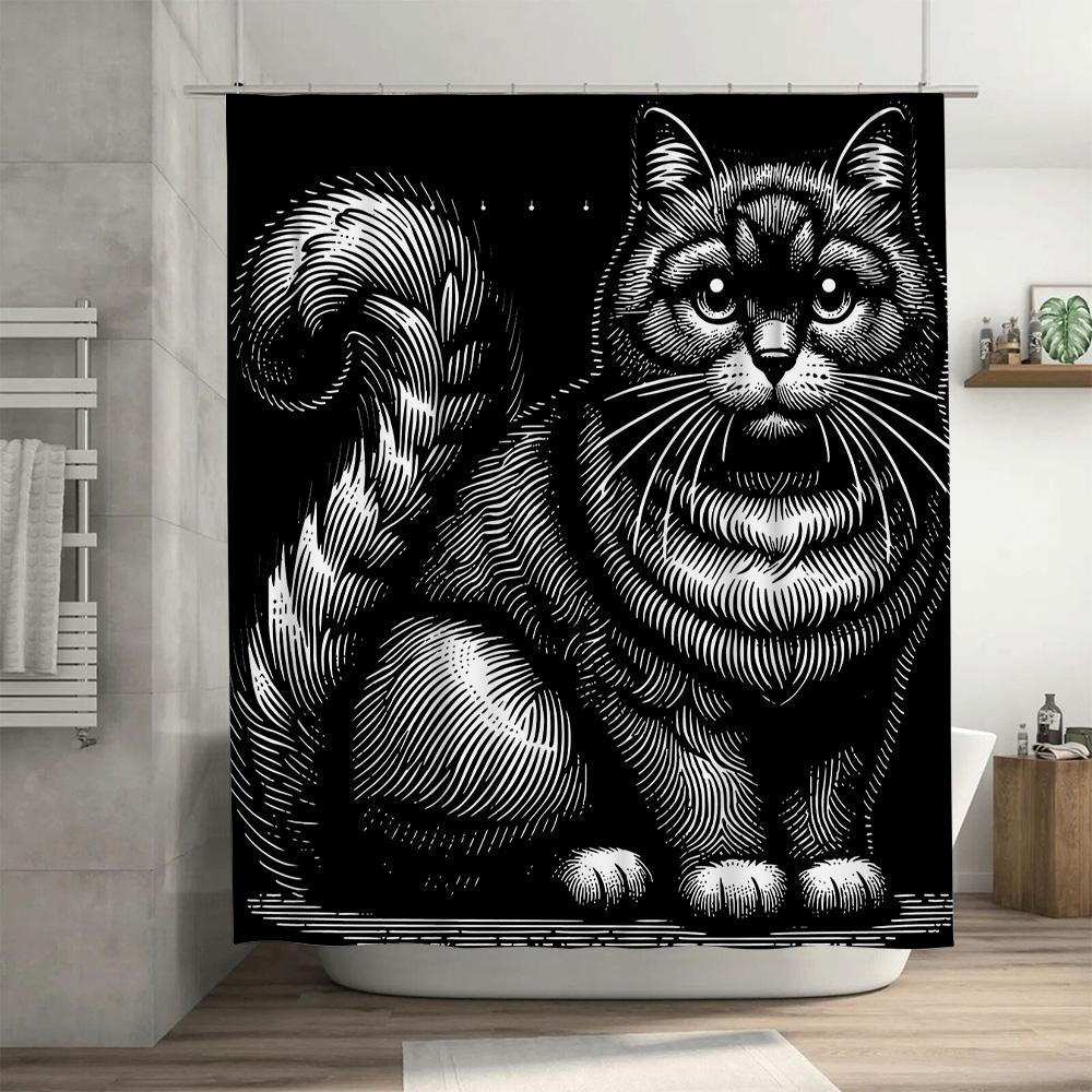 Artistic Black White Cat Shower Curtain for Bathroom Decor Modern Design with Striped Pattern in Various Sizes