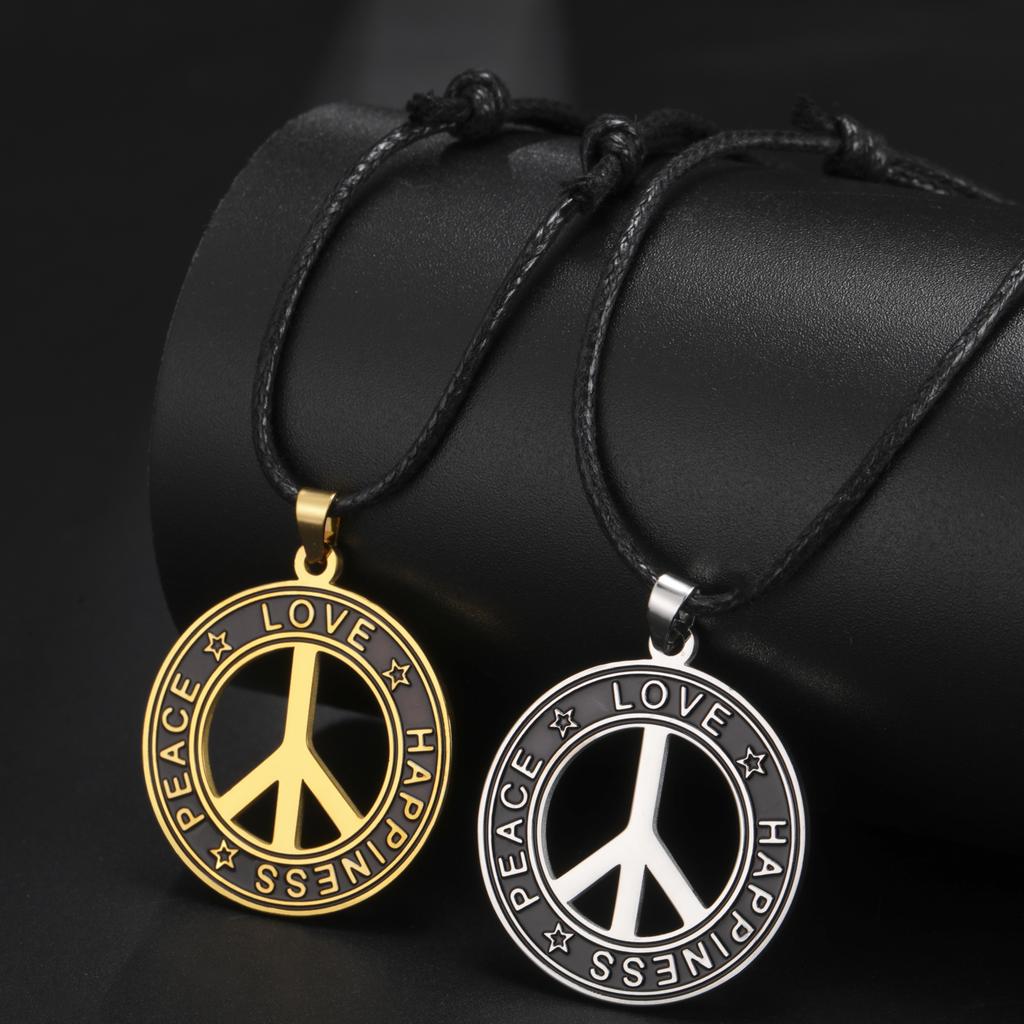 My Shape Round Peace Sign Symbol Pendant Necklace Stainless Steel Charm Choker Wax Cord Link Chain for Women Men Jewelry Gifts
