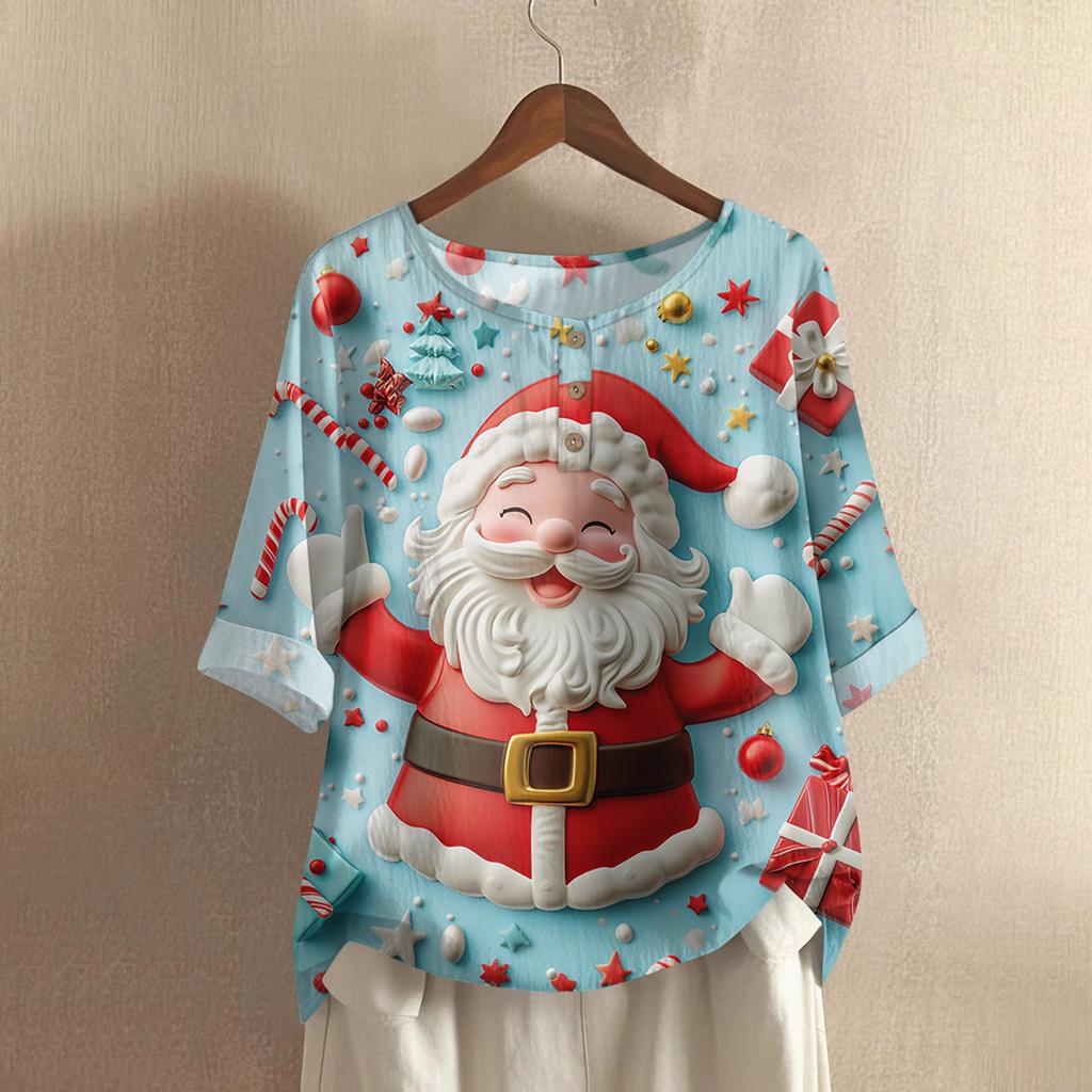 Women's Fashionable And Casual Shirt Half-sleeve Round Neck Print Cotton And Linen Blouse Top