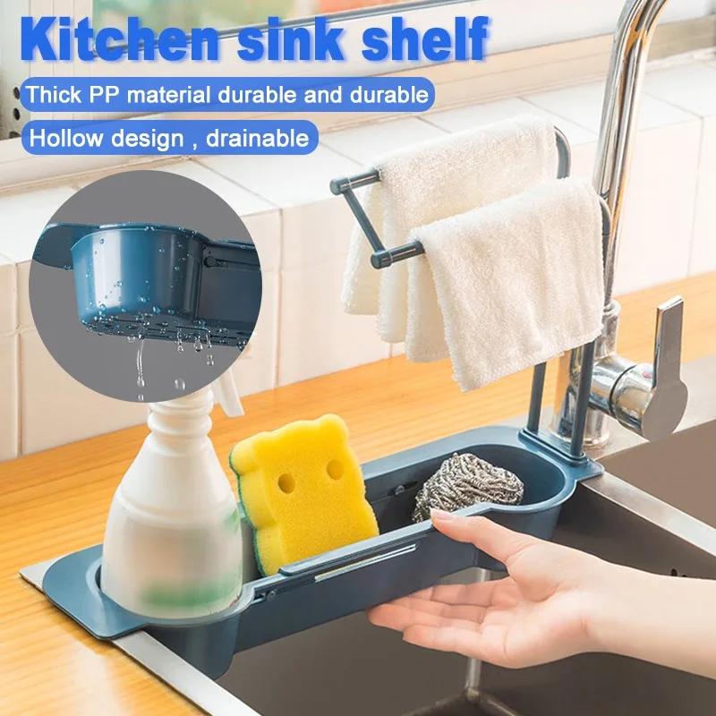 Kitchen Telescopic Sink Rack Organizer Drainer Rack Storage Basket Bag Faucet Holder AdjustableBathroom Holder Sink Kitchen Tool