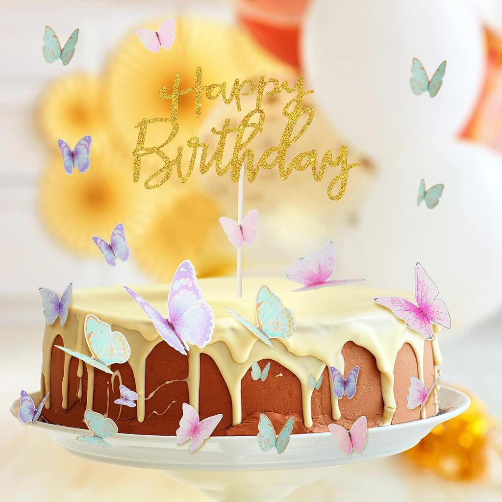 Zonon 60 Pcs Butterfly Cake Toppers with Happy Birthday Cake Topper, 3D Butterfly Topper Mixed Size Color Party Decors for Birthday Wedding