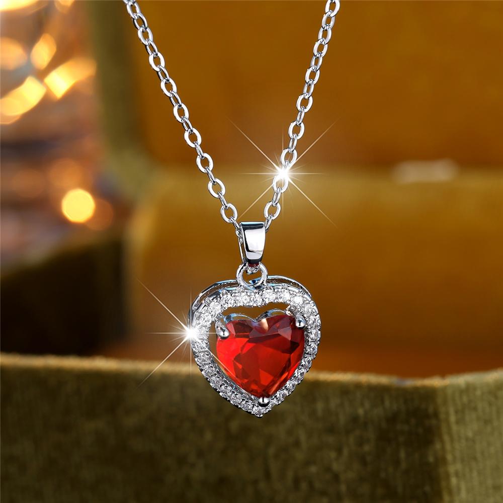 Female Crystal Blue Red Green Zircon Stone Love Heart Pendant Necklace Vintage Silver Color Wedding  For Women