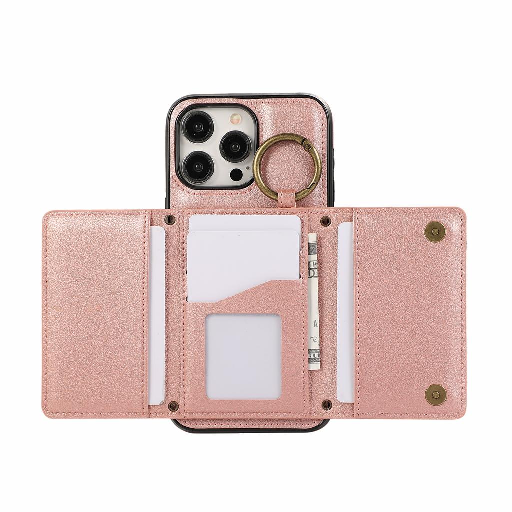 For iPhone 15 Pro Leather Back Cover Zipper Wallet Kickstand Phone Case with Shoulder Strap