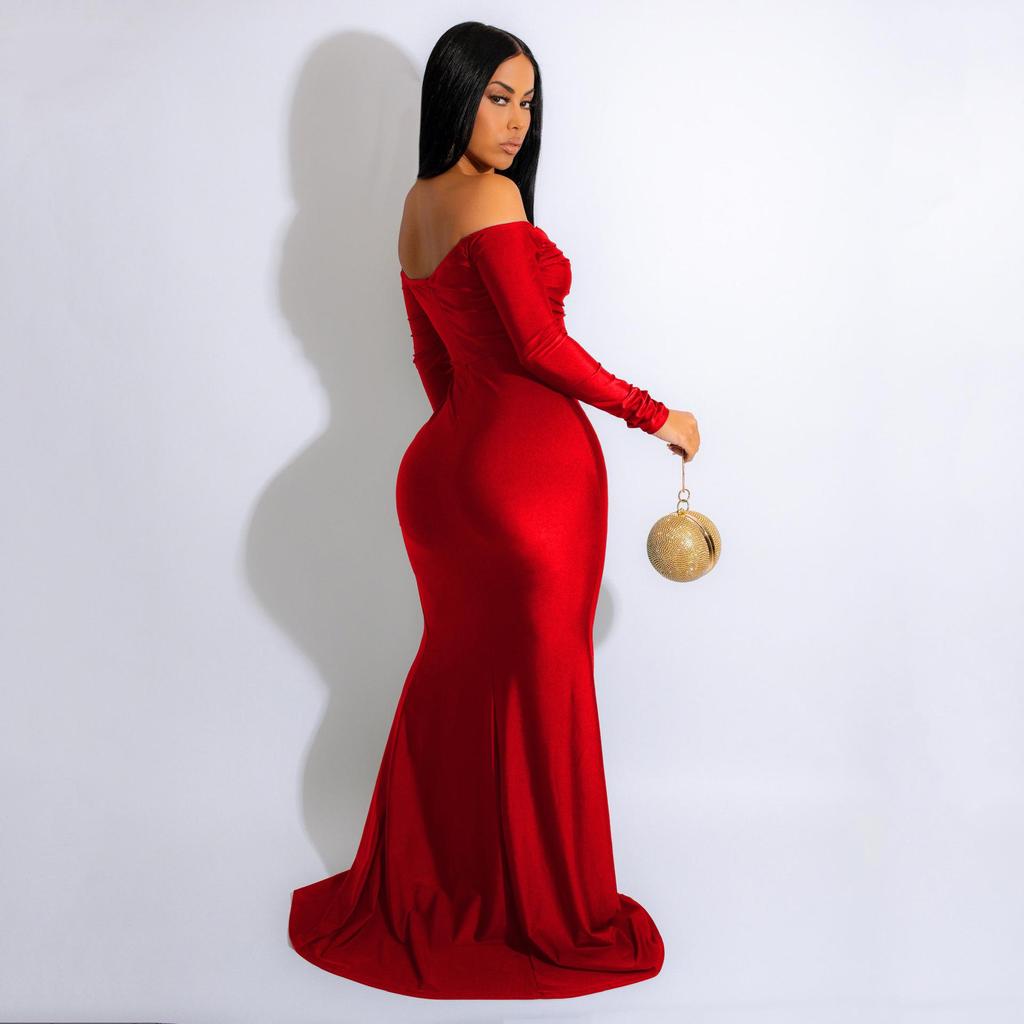AL228 European & American Women's Silk Long Sleeve Floor-Length Dress