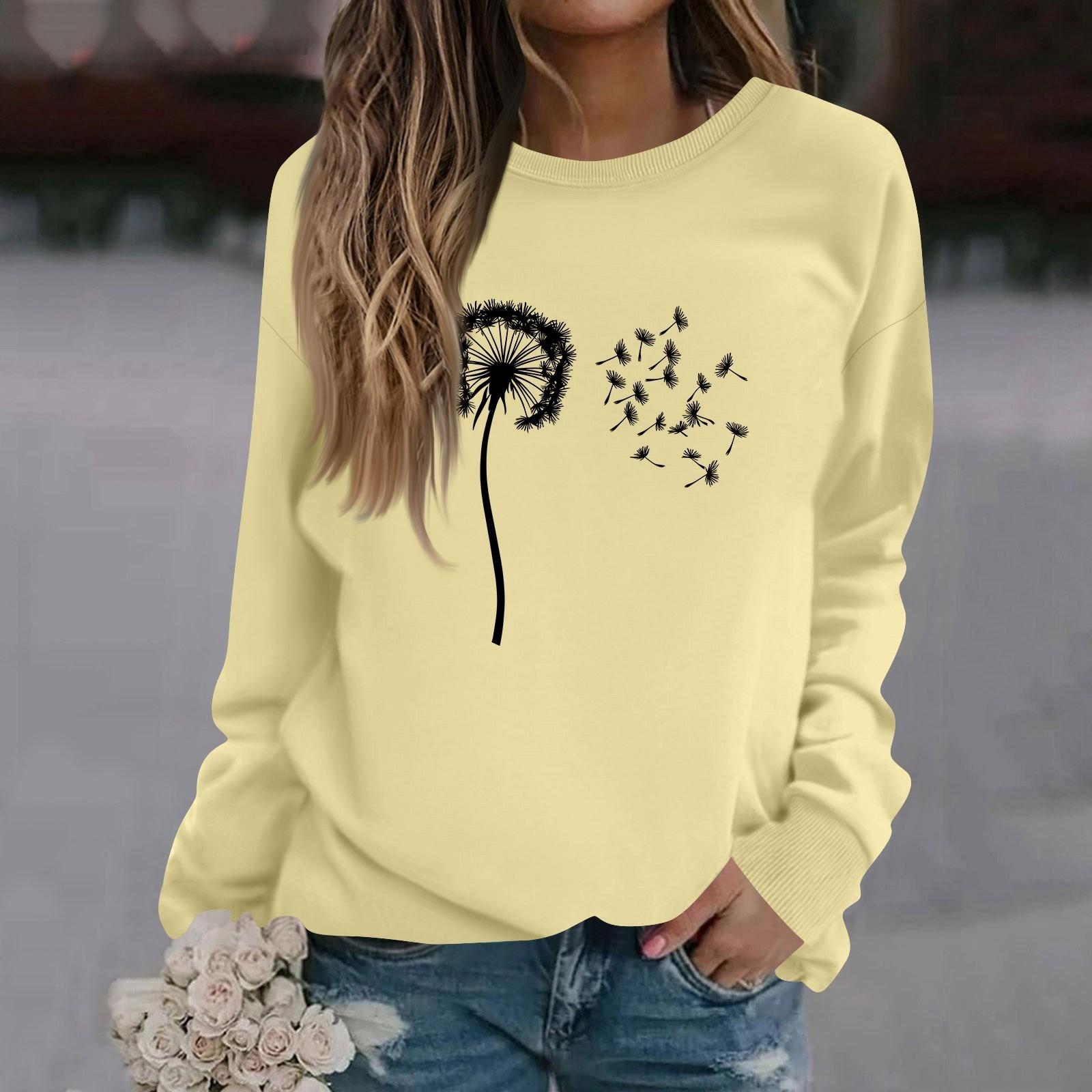 

Жіноча мода повсякденний довгий рукав суцільний колір друкований круглий виріз Топ L бежевий