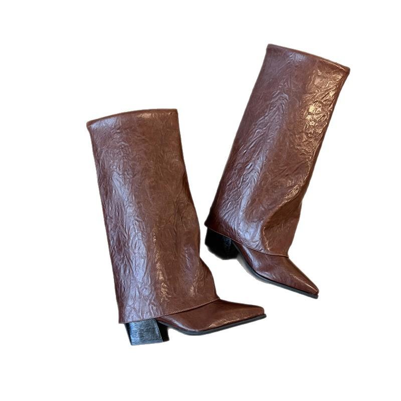 Europe, America 2025 autumn and winter new retro pleated fashion boots women's long western cowboy boots high heel trouser boots