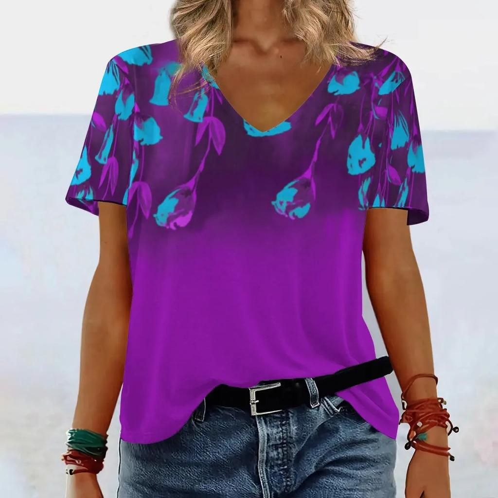 Summer V-neck 3D Gradient Printed Top Fashionable Casual Short Sleeved Women's T-shirts