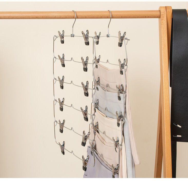 Foldable Multi-Layer Pants Rack with Stainless Steel Skirt Clips for Efficient Storage