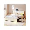 Lit - MUVOE - 140x200 cm - Rembourré en lin beige - 4 tiroirs - Prise LED intégrée