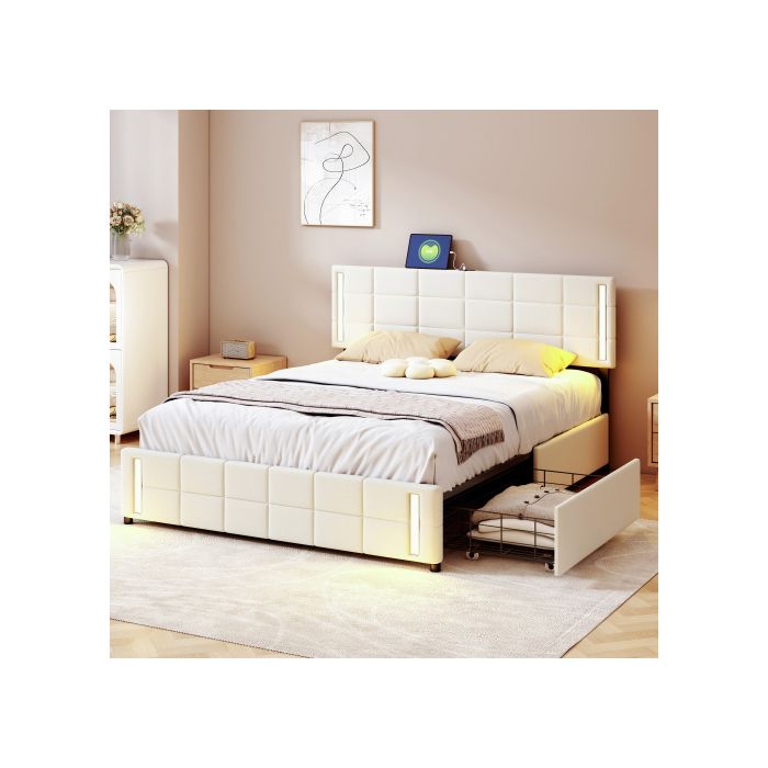 Lit - MUVOE - 140x200 cm - Rembourré en lin beige - 4 tiroirs - Prise LED intégrée