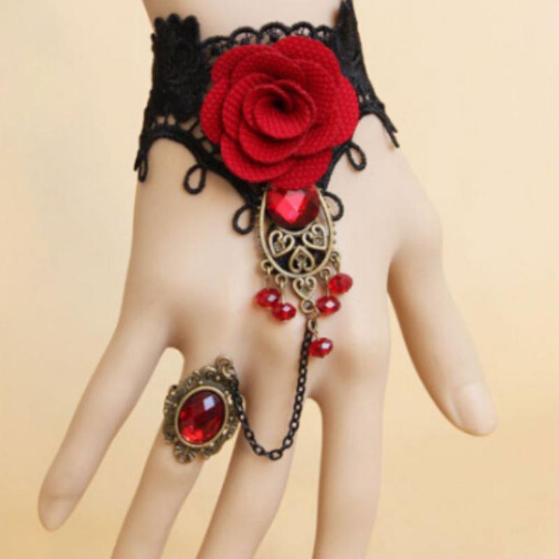 Nueva y elegante pulsera de encaje estilo gótico con rosa roja y anillo ajustable.