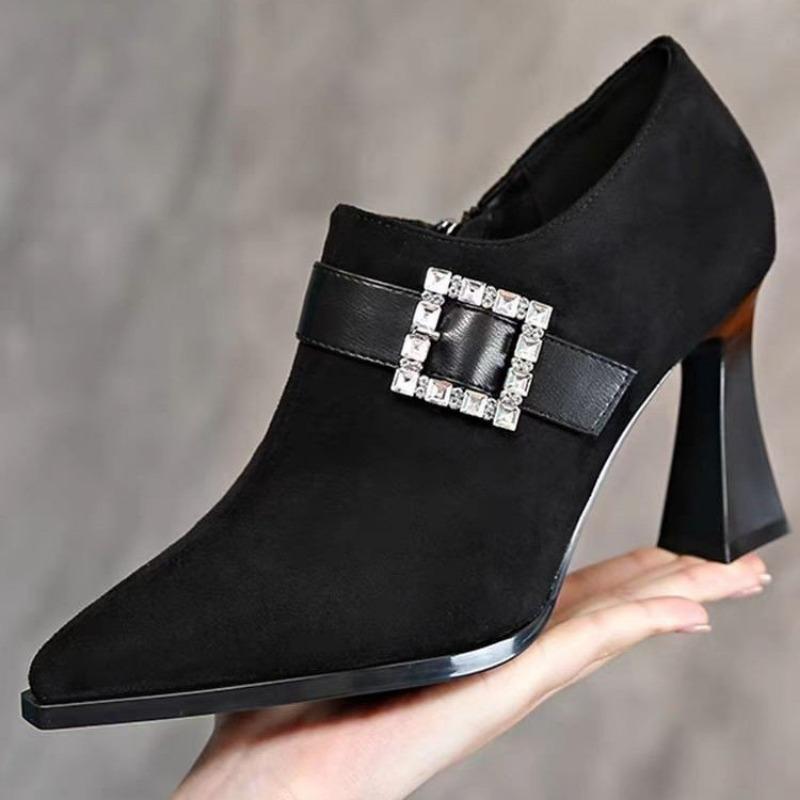 Fashion Spring New Coarse Heel Shoes Women's Pointed Suede Crystal Buckle Side Zipper Anti-slip Wear-resistant High Heels