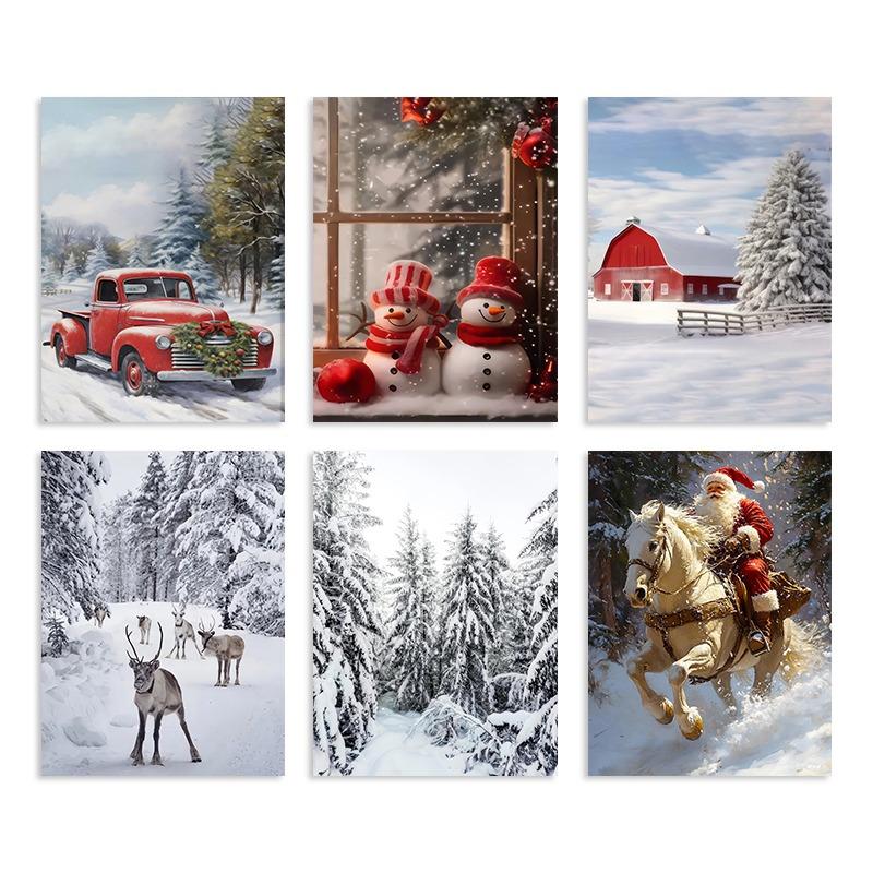 6pcs Santa Claus and Snowman Wall Art Canvas Painting Nordic Winter Snow Scene Prints Poster Living Room Bedroom Christmas Decor