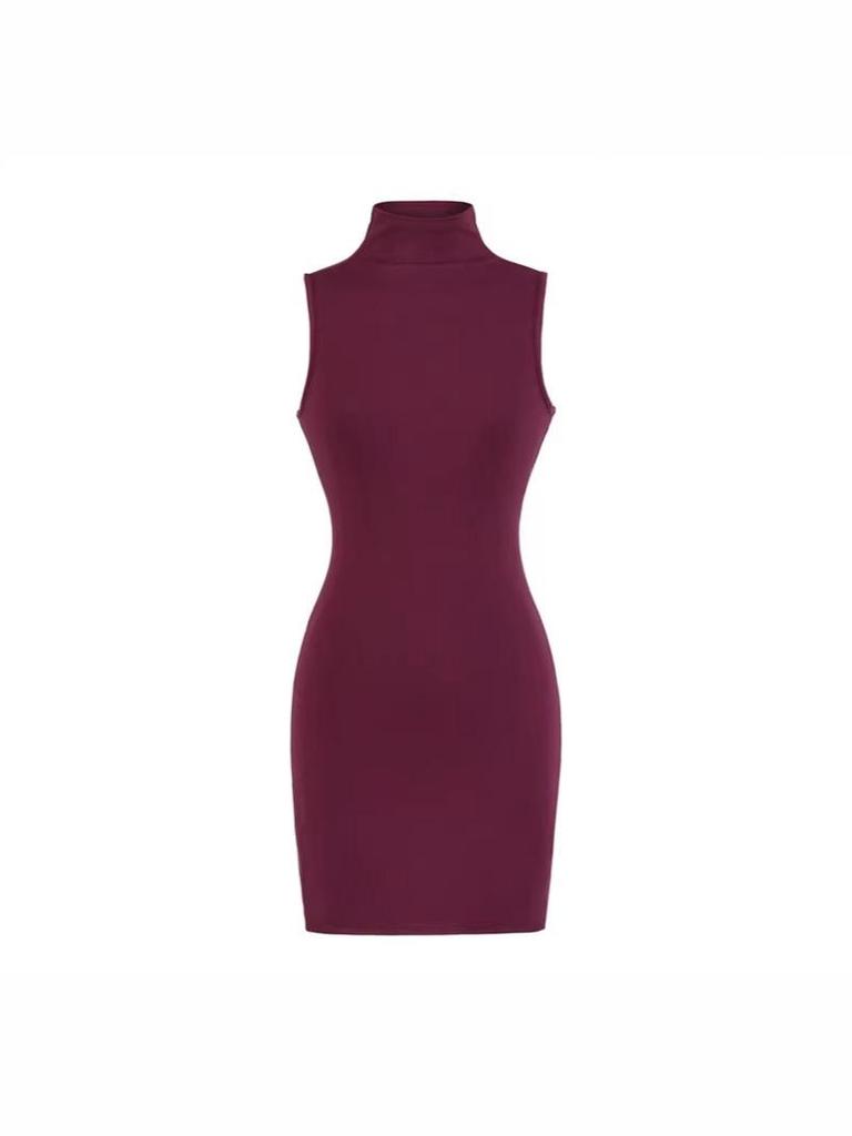 Women's Sleeveless Bodycon Dress: Retro, Mature Style, Stretchy, Slim-Fit, High-Neck, Sexy Short Skirt