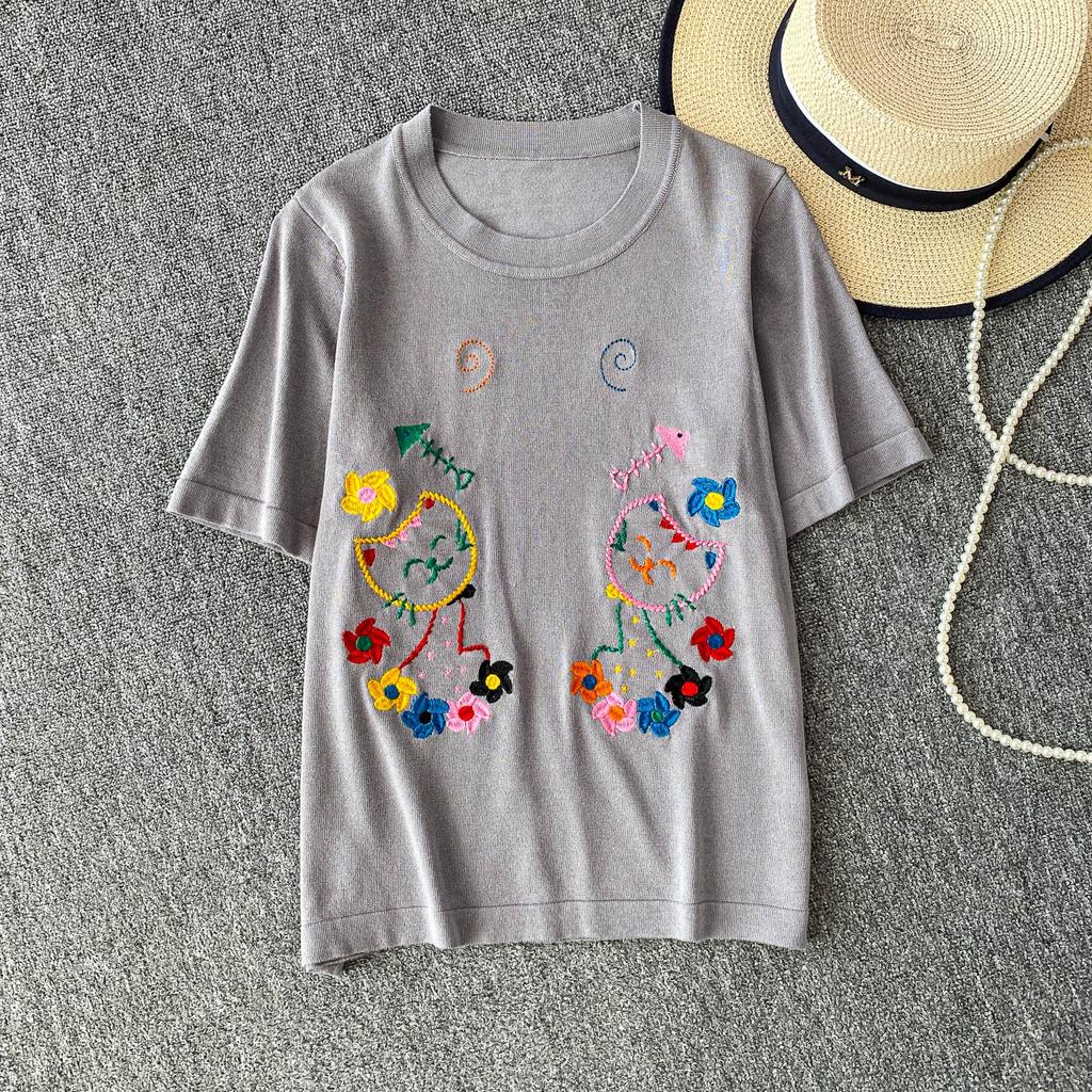 Summer Women College Sweet Cat Embroidery Knitted Sweater Pullover Tops For Girl