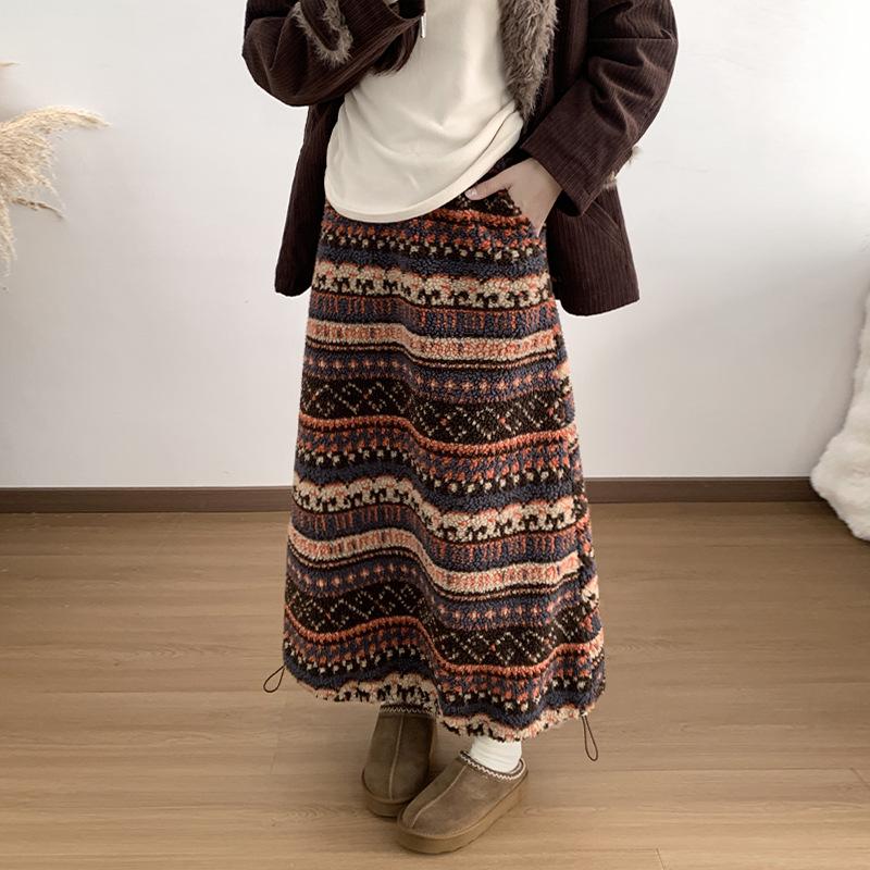 

Женская флисовая юбка средней длины в стиле ретро Fair Isle - этнический стиль, кулиска по подолу, двустороннее ношение для осени/зимы Small