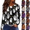 Women's Fashion Long Sleeve Neck Top with Slit Hem Halloween Print for Fall Party Occasion Wear