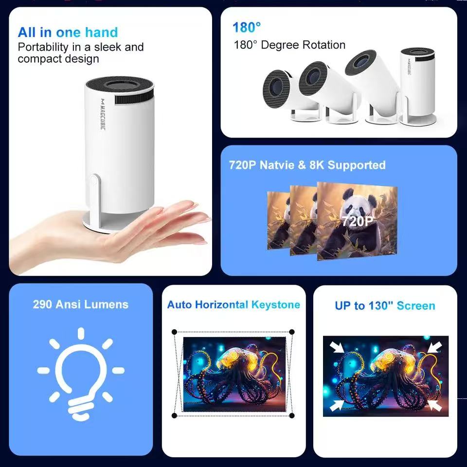 Projector HY300 Linux Dual Wifi6 290ANSI Allwinner H726 BT5.4 1080P 1280*720P Home Cinema Outdoor Projetor