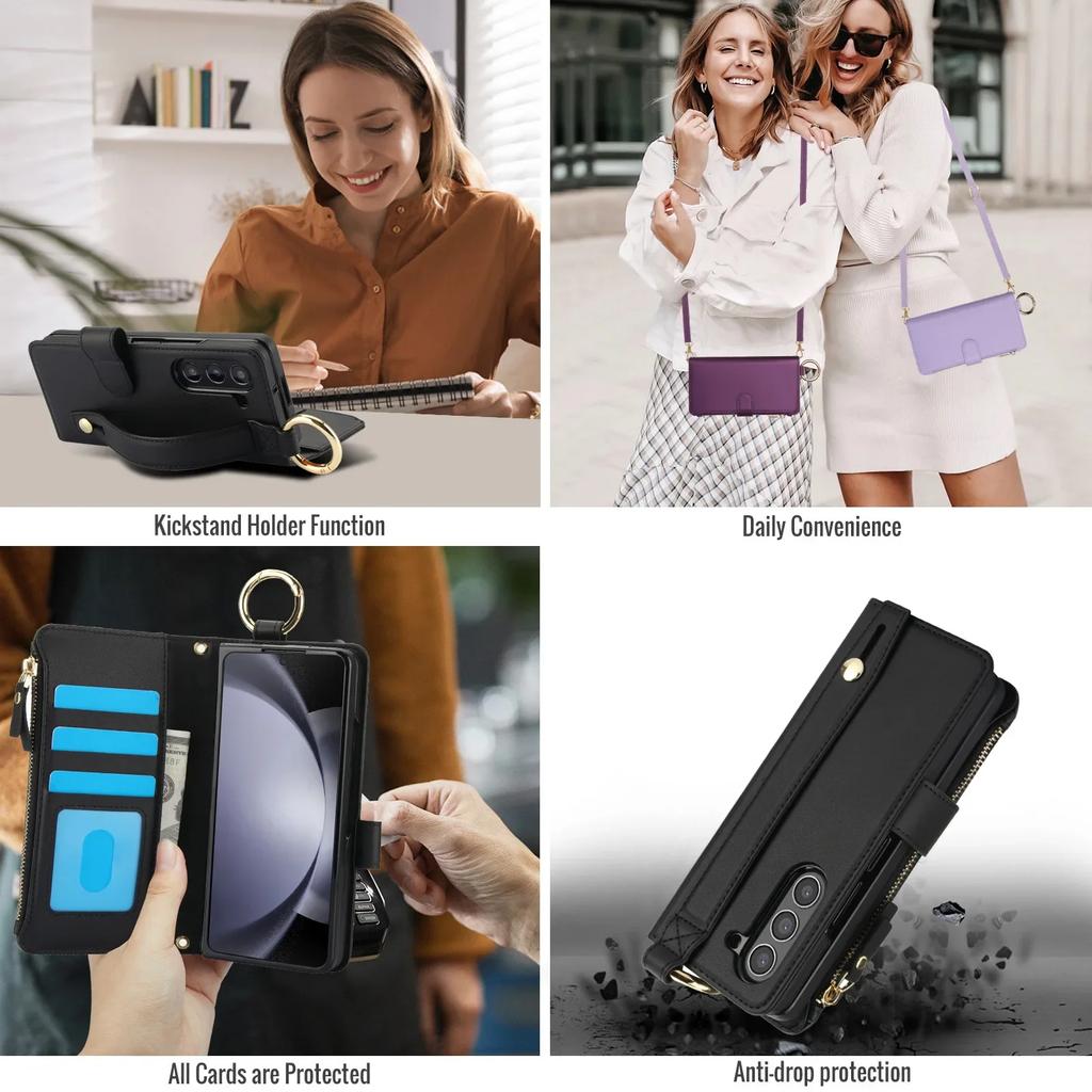 Crossbody Leather Phone Case with Card Holder Zipper Wallet Wristband for Samsung Galaxy Z Fold 7 6 5 4 3 Kickstand Cover
