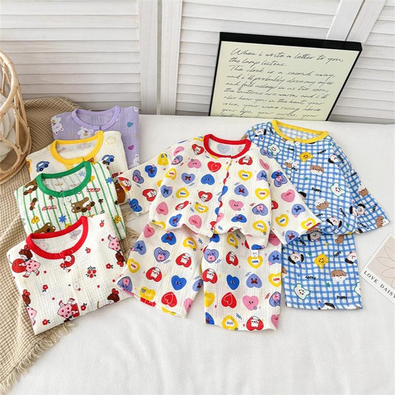 2026 Neues reines Baumwoll-Gaze-Schlafanzug-Set für Kinder für Frühling und Sommer Baumwollgarn Hauskleidung für Jungen und Mädchen
