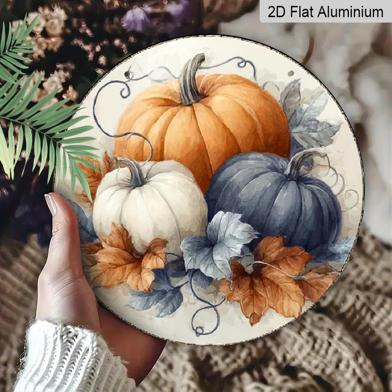 2D Flat, Vintage Fall Thanksgiving Metal Wall Decor - Round Rustic Pumpkin Wreath Sign with Beige/Orange/Blue/Leaf Colors, Durable Aluminum