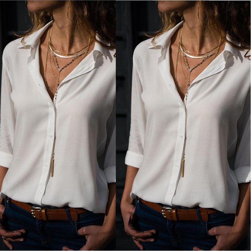 Timeless Solid Color Womens Long Sleeve Office Blouse Dress Shirt