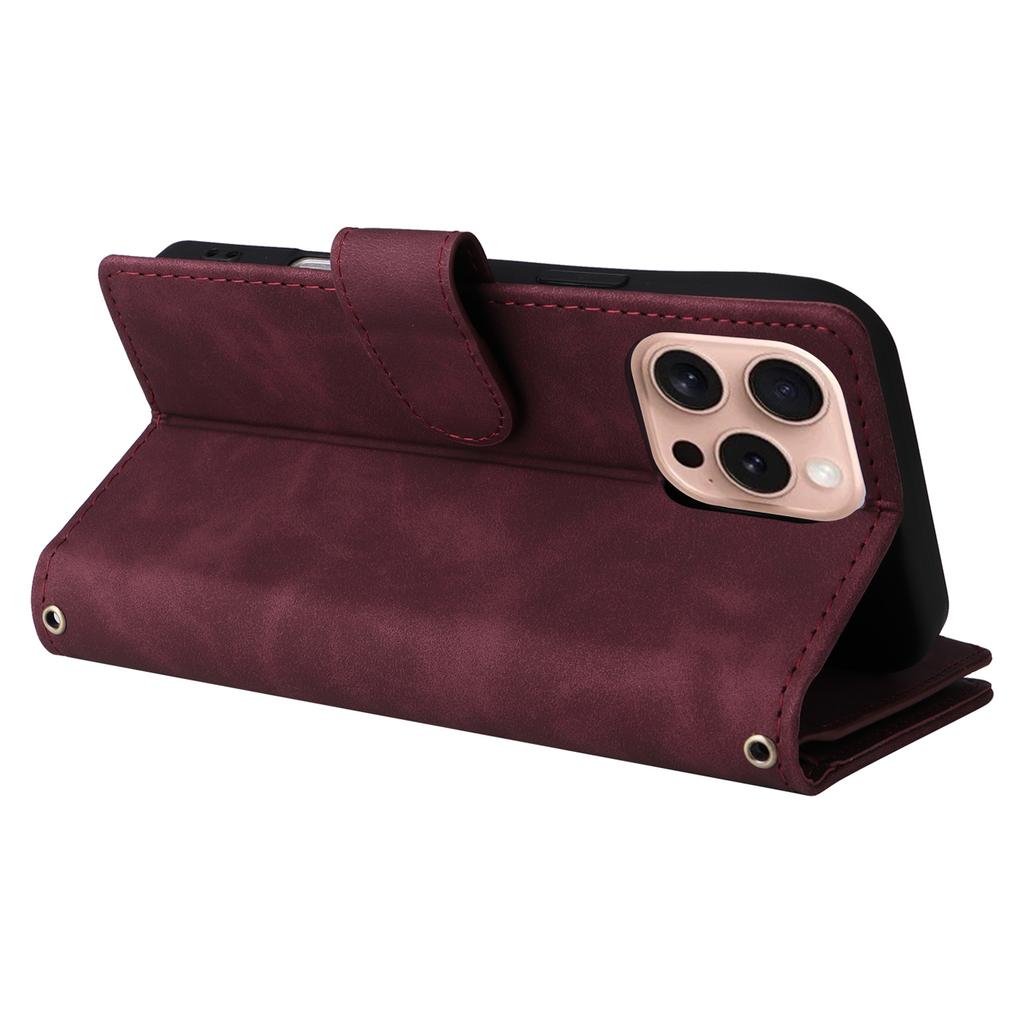 For iPhone 16 Pro Case Zipper Multi-Pocket Wallet Leather Phone Cover with Shoulder and Wrist Straps