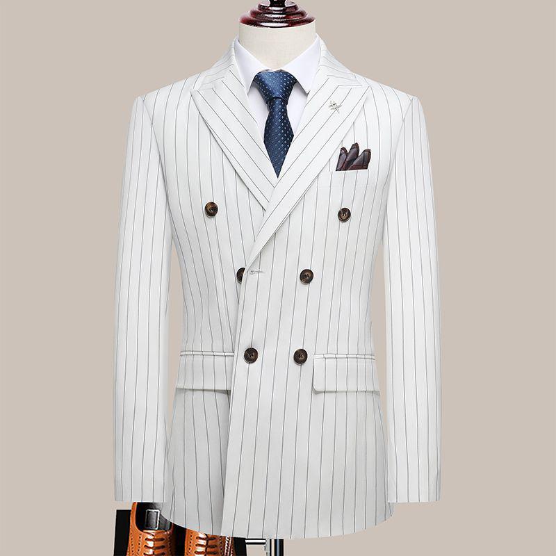 New Men's Slim Fit Double-Breasted British Stripe Suit - Perfect for Weddings & Groom Attire