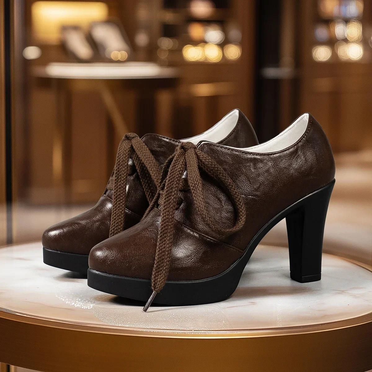 

Брендовые роскошные кожаные туфли на высоком каблуке, женские короткие ботинки на толстой подошве, зимние элегантные туфли-лодочки на шнуровке 2025 года, модные мокасины, новые ботильоны 41 коричневый
