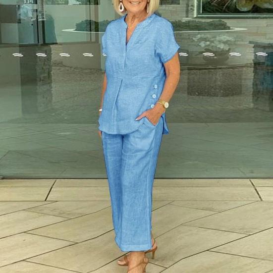 2 Stück/Set Damen Top Hosen Set V-Ausschnitt Einfarbig Kurze Ärmel