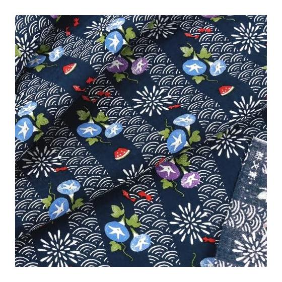 Hamamonyo Summer Blue Seigaiha Waves, Morning Glories, Fireworks, Watermelon, Goldfish Tenugui Cotton 100%