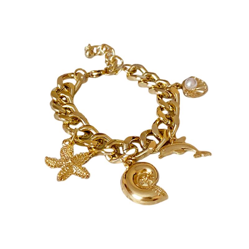 Elegant Dolphin Starfish Seashell Pearl Bracelet: High-end Minimalist Bangle for Women