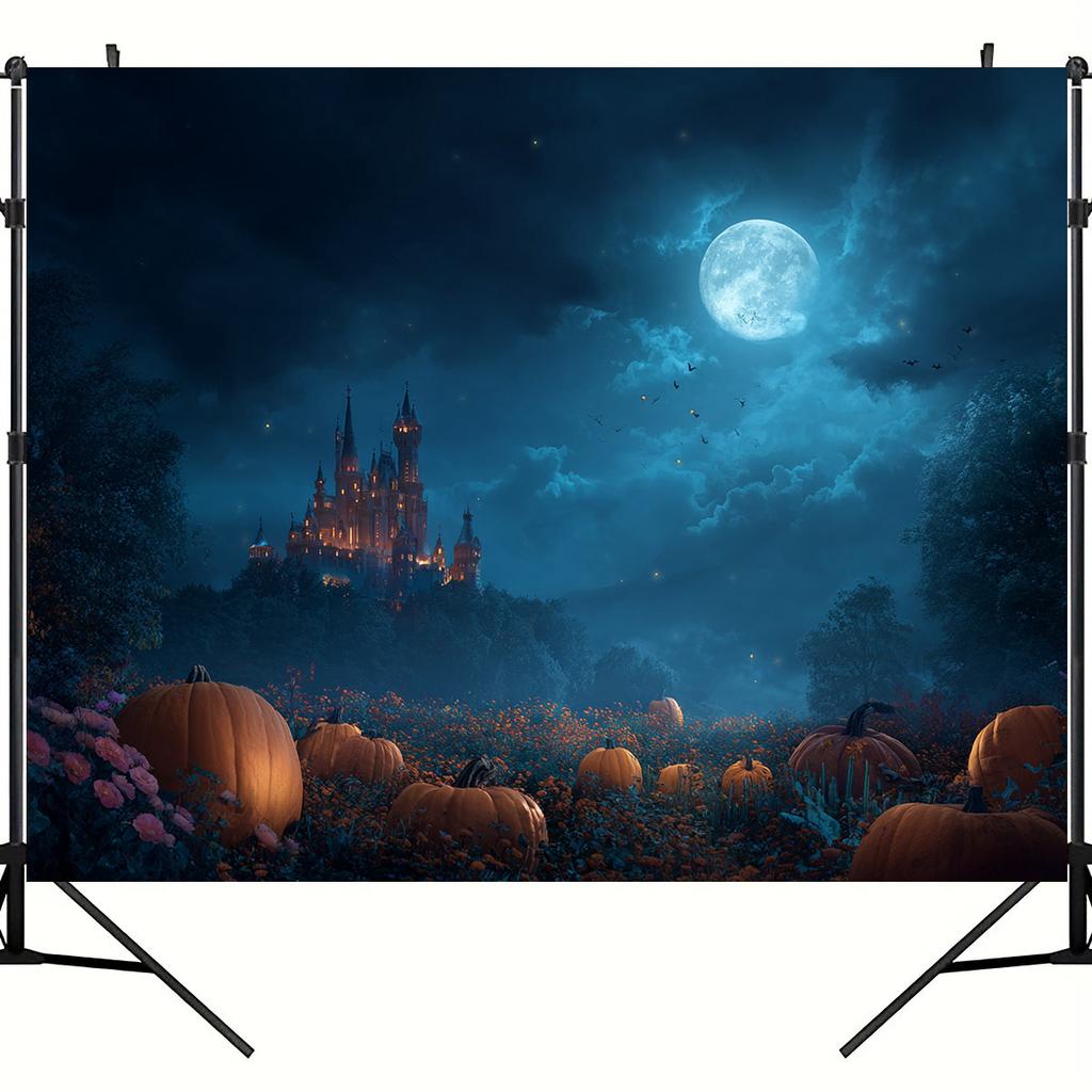 2D Plane, 1 Halloween Background of the Haunted Castle, with a Full Moon, Glowing Pumpkin Lanternszyc