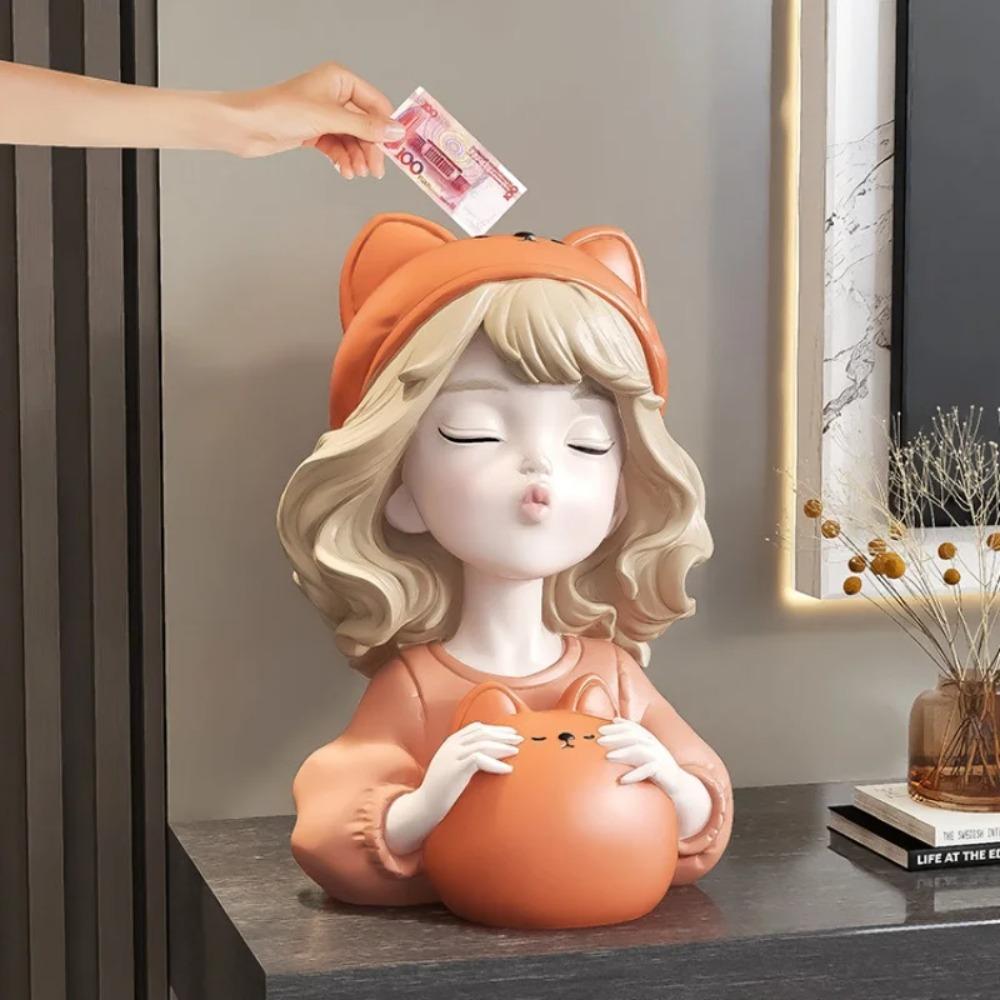 Modern Cute Girl Piggy Bank, Room Decoration Accessories, Home Decor Arts and Crafts Supplies, Statue, Sculpture, Birthday Gift