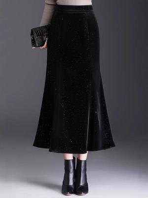 2026 Spring Fashion Sequined Velvet Fishtail Midi Skirt - Slimming, Hip-Hugging, Elegant Style