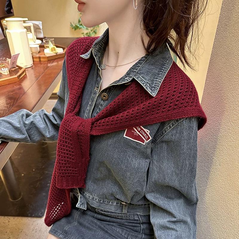 

Knitted Shawl Autumn Women S Shirt Waistcoat Shawl Hollow Outer Wear Summer False Collar червоний