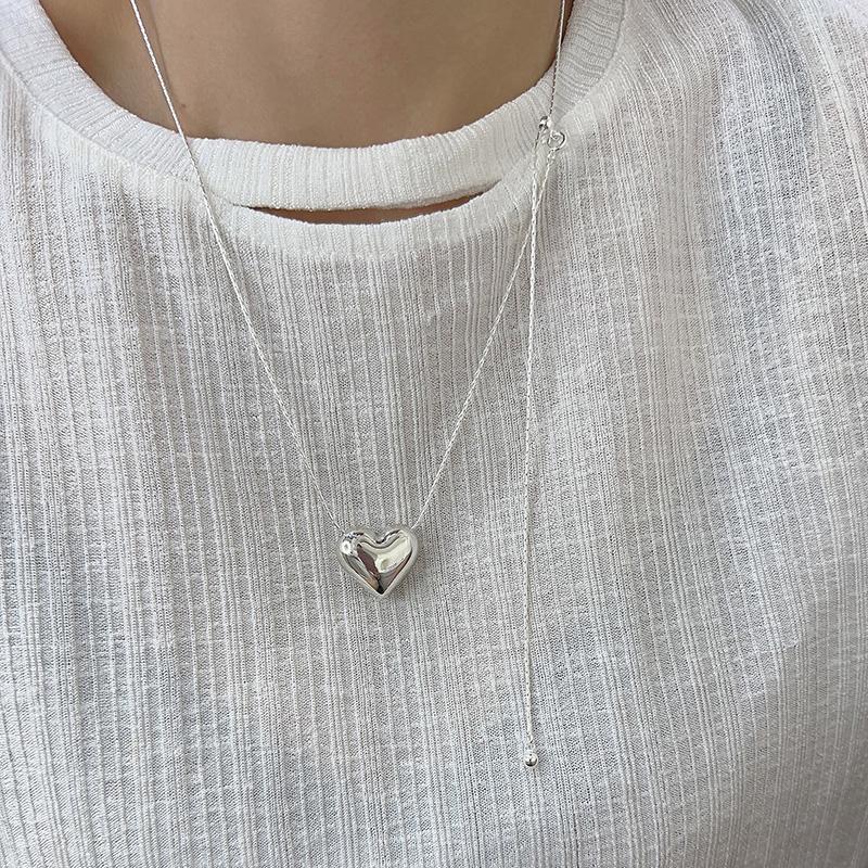 

925 Silver Smooth Heart With Snake Chain Long Love Pendant Necklaces Women Aesthetic Tassel Clavicle Chain Choker Fine Jewelry 70cm