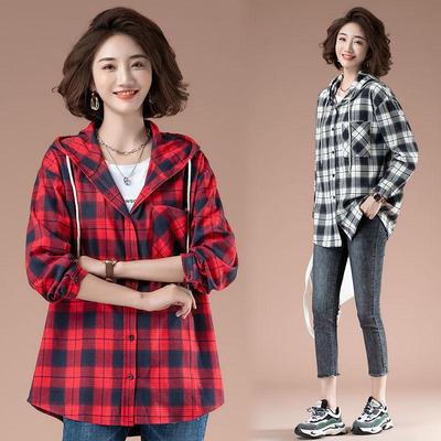 Kvinners rutete hettegenser Kvinners løs langermet retro koreansk stil Vår mote Ny ankomst Mellomlang topp Kvinner
