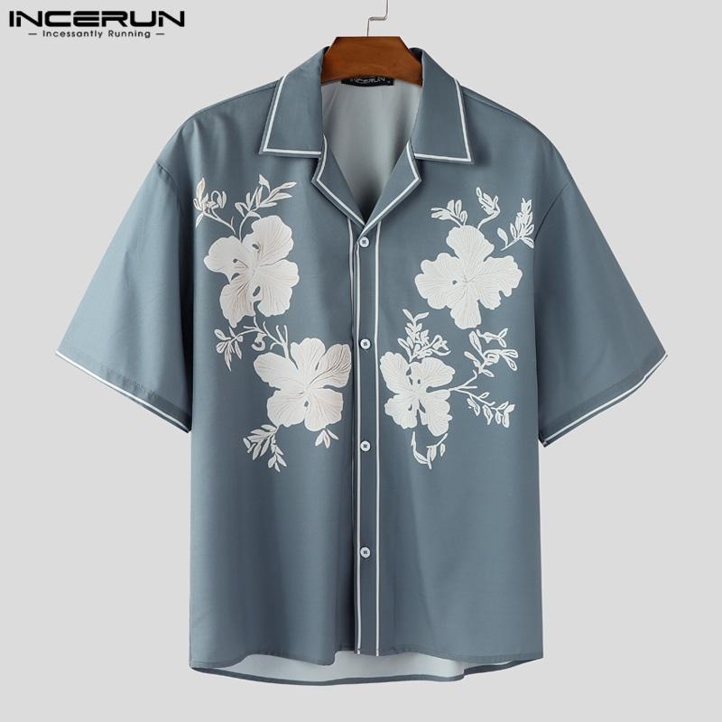 INCERUN Men Lapel Short Sleeve Floral Print Casual Oversized Shirts