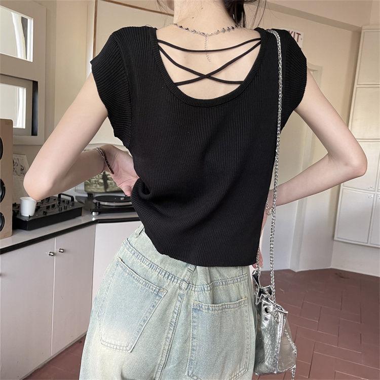 Hollow Out Short Sleeved Knitted Sweater for Women In Summer Slimming Down with Round Neck Camisole T-shirt Ice Silk Top