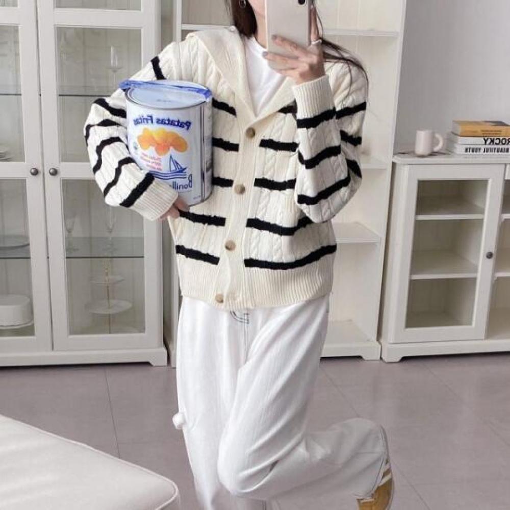 Open Run Diracel Women Striped Classic Big Collar Cardigan